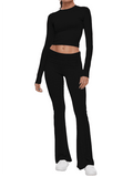 Long Sleeve Cropped Top Fold-over Flare Pants Set-Outfit