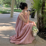 Zingj Dress Female Loose Show Thin Big Skirt Pleated Sleeveless Shoulder Cut Long