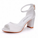 Cm Fish Mouth High-Heeled Sandals Shallow Mouth Buckle With Large-Size Round-Head High Heel Bridal Wedding Silk Satin Cloth Coarse