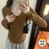 Pleated Waist Bottomed T-Shirt Women's New Hair-Grabbing Multicolor Shoulder Long-Sleeved T-Shirt In Autumn And