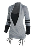Sleeve Cinched Contrast Faux Twinset T-shirt Gothic Casual Loose Streetwear Women Tops