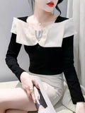 Autumn Cotton T-shirt Women's Beading Bowknot Slash Collor TShirts Female Fashion Slim Top