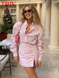 Fashion Pink Striped Office Set Woman 2 Pieces Autumn Ladies Loose Cotton Shirt And High Waisted Side Slit Mini Skirt