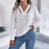 Shooting 2025 Autumn And Winter Leisure Hollow V-Necked Lantern Sleeve Sweater Women's