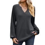 Zingj Autumn / Winter New V Collar Waffge Pure Color Long-Sleeved Loose T-Shirt Jacket Female-Outfit