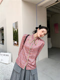 Neroli Peter Pan Collar Designer Shirt Women Long Sleeve Floral Top Green Edge Fashion Korean Blouse Spring