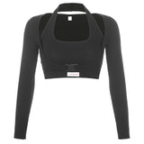 Two Pieces Fitness Cropped T-shirt Casual Long Sleeve Cotton Tshirt Women Buckle Up Skinny Crop Top T Shirt
