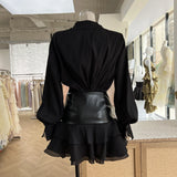 Popular Street Pats Light Luxury Niche Fake Two Splicing Folded Waist Sealing Lotus Leaf Side Shirt