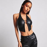 Zingj Summer New Women's Fashion Hanging Neck Sexy Hollow Out Back Slim Crop PU Small Vest