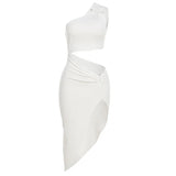 Summer New Women's Fashion Slanted Single Shoulder Hollow Solid Color Draw Folded Waist