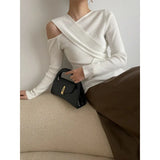 Fashion Women's Knitted Pullover Oblique Collar Slim Solid Color Long Sleeve Cross Bandage Sweater Autumn 2023 New