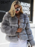 Fashion Women's Faux Fur Coat O-neck Covered Button Long Sleeve Green Grey Short Thick Warm Jackets Winter 2023 New