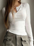 Solid Color Breasted V Neck Slim Long Sleeve Knit- Outfit
