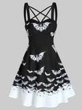 Dress Women Gothic Front Strappy Bat Print High Waist Mini Cami Dress Sleeveless Casual Dress