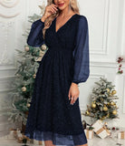 Zingj New V-Collar Elegant Slim Solid Color Stitching Mesh Perspective Sprinkling Powder Dress Female-Outfit