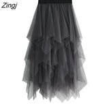 Tulle Skirt Women Elastic High Waist Mesh Midi Skirt Plus Size Elegant Design Pleated Tutu Skirt Female Jupe