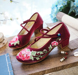 Zingj Heel Shoes Thick Heel Women's Shoes With Embroidered Cloth Shoes Cloisonne Blue Button Embroidered Peony Dance