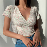 French retro floral V-neck short-sleeved T-shirt Slim slimming wild high waist T-shirt women's