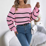 Shooting 2025 Autumn And Winter Casual Striped Out-The-Shoulder Lantern Sleeve Head Sweater Women's