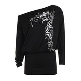 Dark Black Style Retro Print Irregular Design Slanted Shoulder Skirt Street Personality Loose Thin