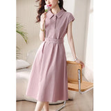 Fan Short Sleeve Polo Collar Shirt Dress 2025 Spring And Summer High-Sunny Bag Hip Tie Mid-Long