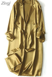 Spring Autumn Long Soft Luxury Elegant Flowy Satin Acetate Trench Coat for Women High Quality Chic British Fashion