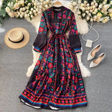 New Spring Autumn Women Fashion Outwear Bohemian Holiday Long Sleeve Standing Collar Elegant Dress Hit Color Sexy