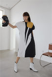 Tulip Color Block Straight Long Dress Women Short Sleeve Summer Puff Sleeve Midi Dress Fashion Designer