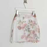 Women Summer 2 Piece Set Sexy Transparent Long Sleeve Pink Chiffon Shirt Top + High Waist Floral Print A Line Skirts