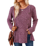 Zingj New Round Collar Solid Color Splicing Button Long Sleeve Loose T Shirt Women-Outfit