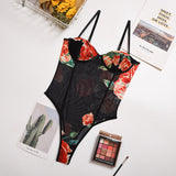Women's Teddy bodysuit Printed Sling Bra Net Yarn Perspective Underwear Thong One-piece Lingerie
