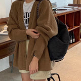 Zingj Korea East Gate Soft Waxy Pit Knitting Cardigan Women's Autumn Winter New Style With Lazy Wind V-Neck Sweater Coat-Outfit