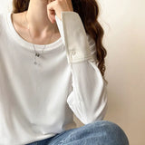 Spring And Autumn White T-Shirt Women's Medium And Long Style Spliced Shirt Sleeves Pure Cotton Loose Long-Sleeved T-Shirt Bottomed