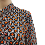 Spring Summer Women Clothing Boho Allover Geometric Print Long Sleeve Stand Collar Bust Tie (Without Belt) Long
