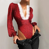 New Winter Women Sexy Lace Puff Sleeve Red Bodysuit Blouse Solid V-Neck Black See Through Body Top Patchwork One Piece
