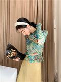 Dragon Print Green Mesh Top Long Sleeve Blouse Button Up Collar See Through Shirt Designer 2021 Fashion