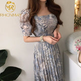 Summer Dress 2021 New Fashion Dress Elegant Square Collar Floral Chiffon Dress Women'S Dress Pleated Long