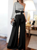 Wide Leg Pants Printed Two Piece Set New Summer Slan shoulder Sexy Party Sequins Suits Commuter High Waist Office Lady
