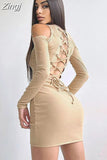 Fashion Elegant Knit Black Bodycon Female Dress Lace Up Backless Cold Shoulder Slim Sexy Dresses Autumn Bandage