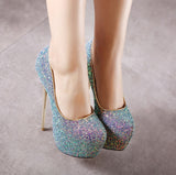 Shoes 2024 Autumn Style Thin Heel Waterproof Platform Fashion Shallow Mouth Sequins Large Size 41-45 Women's High