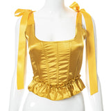 Solid Square Collar Patchwork Sleeveless Backless Lace Ribbons Y2K Corset Tops Summer Women Sweety Sexy