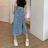 Women'S Long Denim Skirt Vintage High Wasit Drawstring Jeans Skirt Female Black Straight Side Split A-Line Pencil