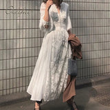 2022 Summer Vintage Women Long Dress Puff Sleeve Embroidery White Lace Vocation Maxi Beach