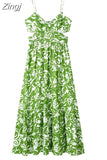 2023 Cut Out Slip Long Dress Women Summer Green Floral Dress Woman Pleated Backless Sexy Party Dresses Beach Holiday