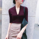 Blouses and Shirts Summer Clothes for Women V Neck Green Blue Gray Slim Skinny Shirts Short-sleeved Top Women's