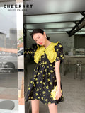 Puff Sleeve Summer Dress Women 2022 Black Yellow Floral Short Sleeve A Line Mini Korean Fashion Designer Dress