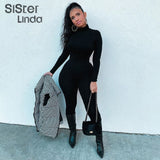 Fashion Casual Black Workout Bodycon Jumpsuits Women Rompers Long Sleeve Sporty One Piece Active Wear Jumpsuit