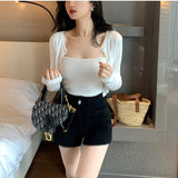 Women Solid Basic Tops Button Up O-neck Elegant Cropped Sweaters Streetwear Slim Knitted Outwear Ulzzang Fashion