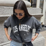 Angeles Washed Faded Sweatshirt Women Autumn Winter Vintage Cotton Rock n Roll Sweatshirts Tops Femme Oversize