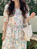 Kitty Prairie Style Printed Sweet Summer Dress Gentle Women Florals High Waist Office Wear Short Sleeves Chic Prom